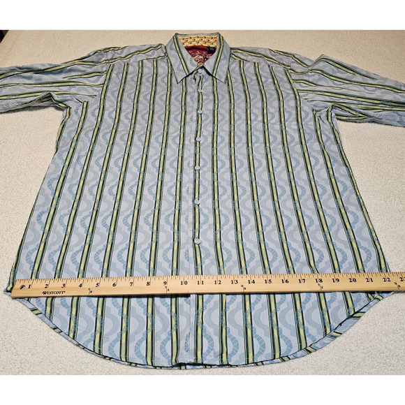 Robert Graham Men’s XL Button Front Shirt Blue Green Stripe Flipp Cuffs - Picture 9 of 11
